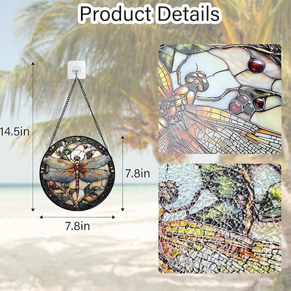 DASTOLL Stained Glass Window Hanging - Dragonfly Plant Suncatcher Ready to Hang Window Doors Home Decoration, Christmas, Mother's Day Birthday Gifts for Women, Men, and Mom 7.8x7.8 in