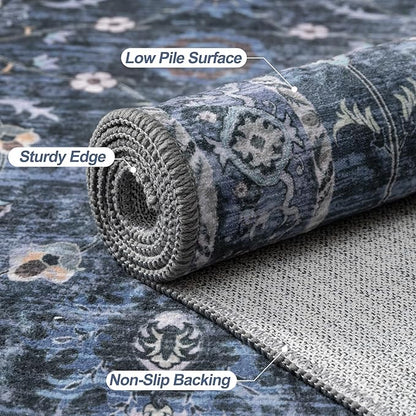 Tangsoo 2x10 Washable Runner Rug for Hallway Non Slip, Boho Floral Vintage Carpet Long Runner Rugs for Entryway Kitchen, Floor Low Pile Runners for Laundry Bedroom Alfombra Blue Black Farmhouse