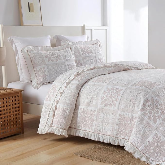 MarCielo 3-Piece 100% Cotton Bedspread Lightweight Quilt Coverlet Embroidery Farmhouse Bedding Set (TJ Colorful,Queen (98"x102"))