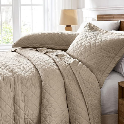 WDCOZY 100% Pre-Washed Cotton Oversized King Size Quilt Set - Beige California Cal King Soft Lightweight Bedspread, Textured Like Linen, Farmhouse Country Rustic Coverlet, Diamond Stitch Bedding