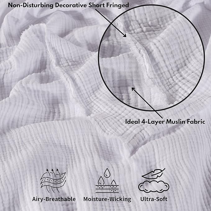 Muslin Blanket - Pure 100% Turkish Cotton Airy Soft Light Versatile Gauze Throw Blanket for Bed, Couch, Sofa (White, Throw Size (50" x 66" inch))