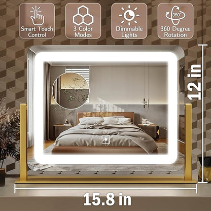 ROLOVE Gold Vanity Mirror with Lights 15" x 12", Lighted Makeup Mirror with 10X Magnification, 3 Color Lighting & Dimmable Brightness, Make Up Mirror with Lighting for Bedroom Tabletop