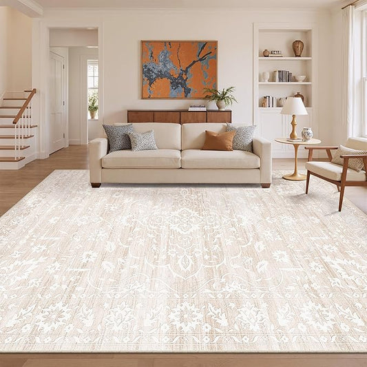 10x14 Area Rugs for Living Room Large Washable Rugs for Bedroom Floral Vintage Non-Slip Thin Area Rug Indoor Home Office Decor Beige
