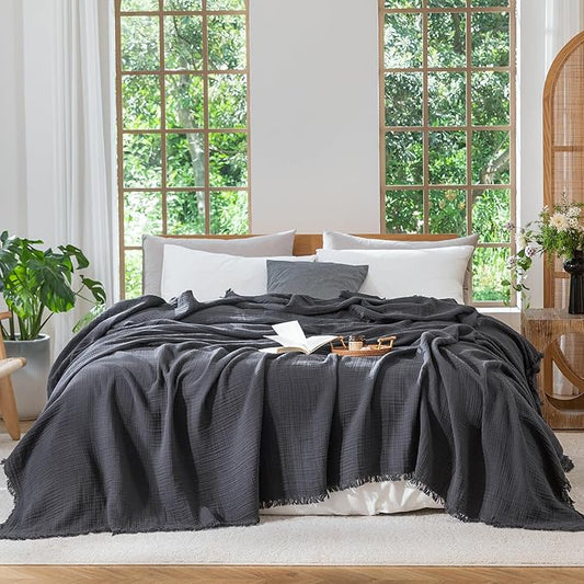 MooMee Muslin Blanket - 100% Cotton 4-Layer Gauze Throw Blanket with All-Around Fringe, Ultra-Soft Breathable Lightweight Cooling Decorative for Bed, Sofa & Couch (Dark Grey,Super King 108" x 98")