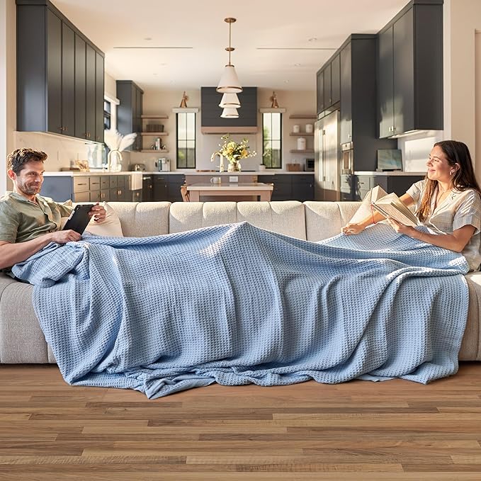 Bedsure Gentlesoft 100% Cotton Large Throw Blanket for Couch 50x70 inches - Breathable and Soft, Waffle Weave Throw Blanket for Office, Sky Blue