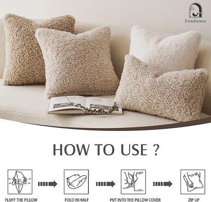 Foindtower 2 Pieces Faux Fur Throw Pillow Cover Decorative Sherpa Pillow Fuzzy Accent Pillowcases Soft Sheepskin Fleece Cushion Case for Bed Couch Living Room 18x18 Inch Neutral Cream