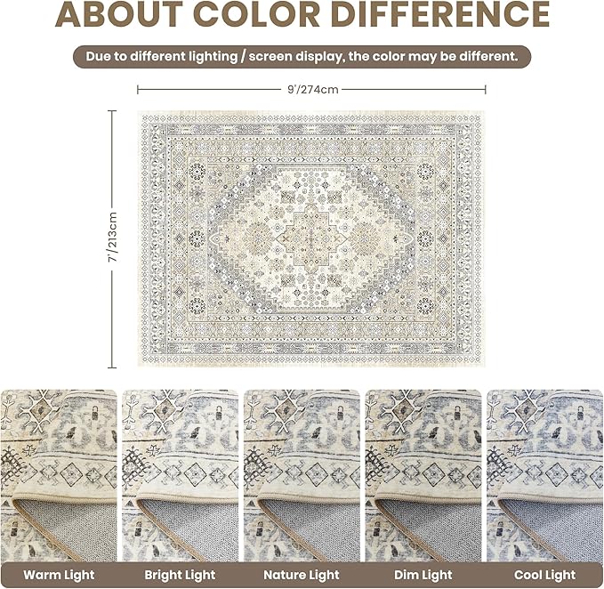 zesthome 7x9 Area Rug, Super Soft Washable Rugs for Living Room, Non-Slip Stain Resistant Vintage Rugs, Ultra-Thin Large Area Rugs (Beige,7'x9')