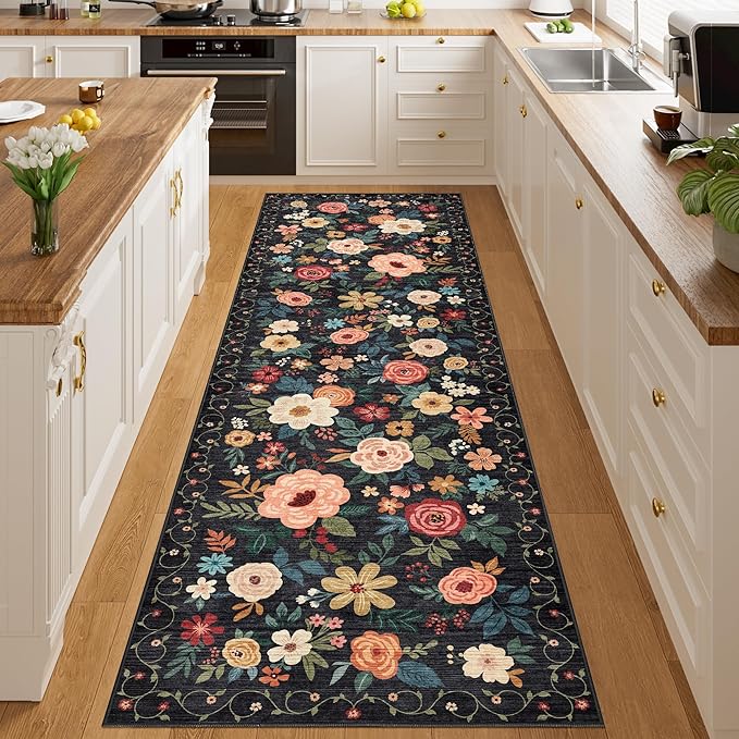 DUKINO 3x10 Runner Rug for Hallway, Washable Kitchen Floral Runner Rug with Non Slip Backing, Low Pile Soft Boho Carpet for Kitchen, Hallway, Entryway, Laundry, Bedroom, Black