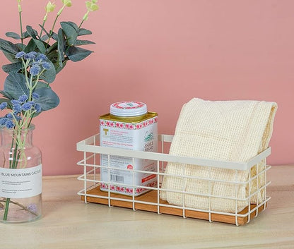 TIEYIPIN Small Metal Wire Storage Basket, Detachable Wood Base Storage Organizer Bin Basket for Kitchen Cabinets, Bathroom, Pantry, Garage, Laundry Room (Cream White, 2 Pack)