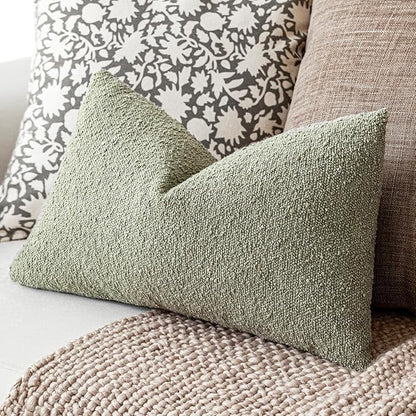 Foindtower Decorative Textured Boucle Throw Pillow Covers Accent Solid Lumbar Pillow Cases Neutral Soft Couch Cushion Case for Chair Sofa Bedroom Living Room Home Decor 12x20 Inch,1PC,Dirty Sage Green