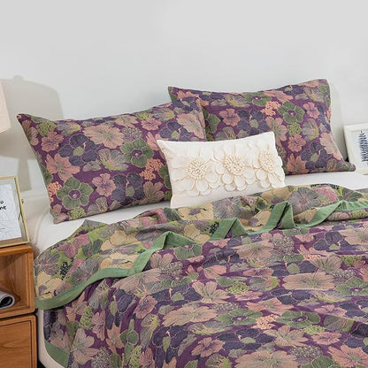 100% Cotton Muslin Jacquard 3 Piece Quilt Set Floral Peach Blossom Print, Soft 3 Layers Gauze Bed Cover Reversible Bedspread Coverlet Breathable Lightweight Bedding Set, King