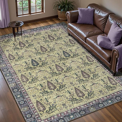 Tangsoo 5x7 Washable Area Rug for Living Room,Non Slip Vintage Boho Purple Floral Indoor Rug for Bedroom Office, Soft Low Pile Foldable Floor Rugs for Dining Room Nursery Home Decor