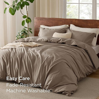 Bedsure 100% Washed Cotton Duvet Cover Queen Size - Light Brown Minimalist Cotton Duvet Cover Linen Like for All Seasons - GentleSoft™ Plain Simple Bedding, 3 Pieces (Light Brown, Queen, 90"x90")