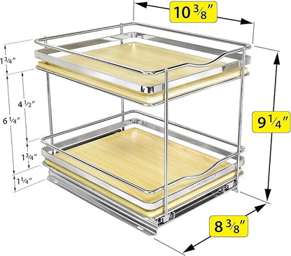 LYNK PROFESSIONAL® Élite™ Pull Out Spice Rack Organizer for Inside Kitchen Cabinets - 8-3/8 inch Wide - Slide Out Drawer – Wood/Chrome Sliding Spice Cabinet Organization Shelf Racks - 2 Tier