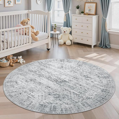 5x5 Grey Round Rug 5ft Living Room Circle Rug Vintage Gray Round Area Rug Non Slip Indoor Carpet for Entryway Dining Room Bedroom