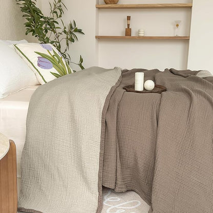 FALUCA Cotton Muslin Reversible Blanket Twin Size for Bed, Couch, Four Layers Blanket, Soft Lightweight Cozy Breathable Farmhouse Decoration for All-Season, Brown