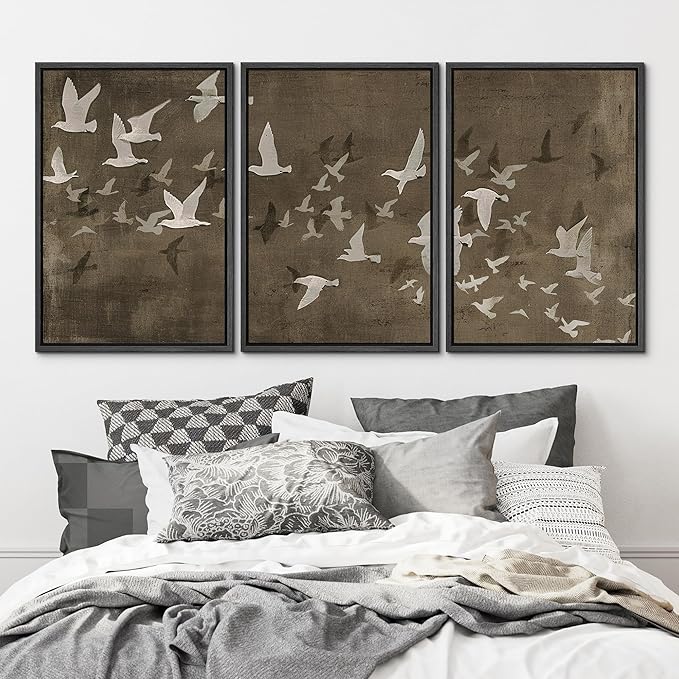 MUDECOR Framed Wall Art Print Set Flock of Abstract Birds in Flight Earthy Tones Illustrations Modern Art Boho Decorative Colorful Chic for Living Room, Bedroom, Office - 24"x36"x3 Black