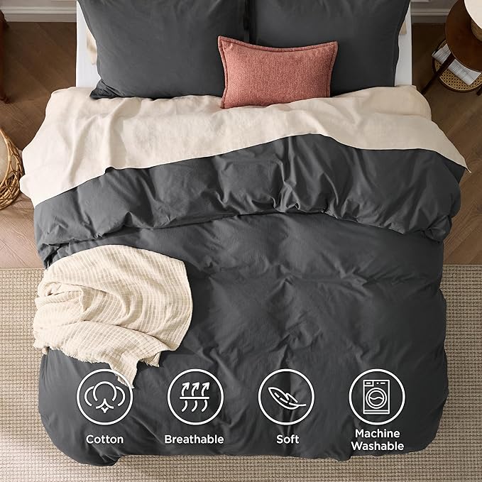 Bedsure 100% Washed Cotton Duvet Cover Oversized King - Charcoal Minimalist Cotton Duvet Cover Linen Like for All Seasons - GentleSoft™ Plain Simple Bedding (Charcoal, Oversized King, 120"x98")