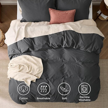Bedsure 100% Washed Cotton Duvet Cover King - Charcoal Minimalist Cotton Duvet Cover Linen Like for All Seasons - GentleSoft™ Plain Simple Bedding (Charcoal, King, 104"x90")