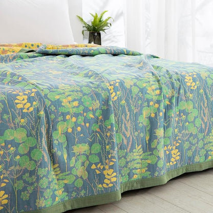 100% Cotton Muslin Botanical Blanket Jacquard Floral Plants Pattern Quilt, Soft Bed Cover Lightweight Breathable Gauzy Reversible Bedspread Coverlet Bedding Twin(59"x94"), No Pillow Sham