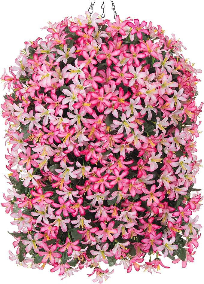 Artificial Flowers Plants for Outdoor with Basket, 4PCS Silk Hanging Faux Flowers Long Trailing Vines for Outside Home Porch Patio Decoration, Pink & Light Pink