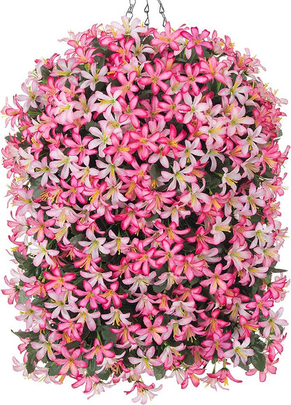 Artificial Flowers Plants for Outdoor with Basket, 4PCS Silk Hanging Faux Flowers Long Trailing Vines for Outside Home Porch Patio Decoration, Pink & Light Pink