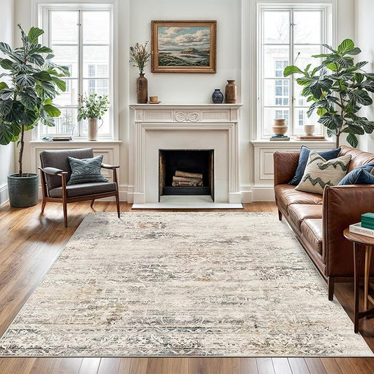 8x10 Area Rugs for Living Room, Stain Resistant Neutral Washable Rugs for Dining Room, Floral Vintage Non-Slip Thin Large Size Area Rug Taupe