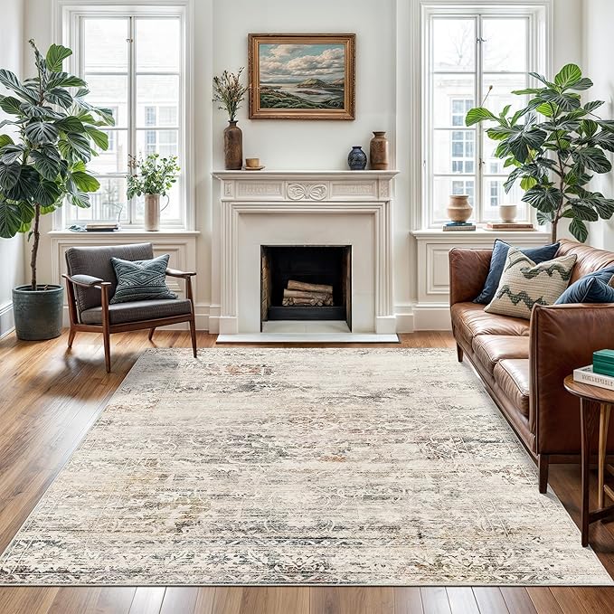 Area Rugs 5x7 for Living Room, Floral Washable Rugs for Dining Room, Bedroom, Kitchen, Vintage Non-Slip Thin Area Rug Taupe