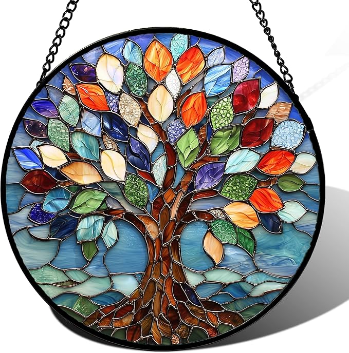 DASTOLL Stained Glass Window Hanging, Colorful Tree of Life Sun Catchers Glass Panel Blue Suncatcher Decor for Birthday for Women, Men, Wife, Aunt, and Mom 14.9x14.9 in