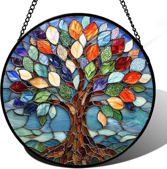 DASTOLL Stained Glass Window Hanging, Colorful Tree of Life Sun Catchers Glass Panel Blue Suncatcher Decor for Birthday for Women, Men, Wife, Aunt, and Mom 14.9x14.9 in
