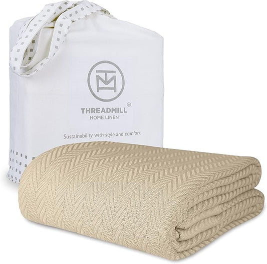 Threadmill Luxury Cotton Blankets for Twin Size Bed | All-Season 100% Cotton Twin Blanket for Bed | Herringbone, Soft & Cozy Fall Thermal Blanket, 350GSM, 68x92 inches | Beige