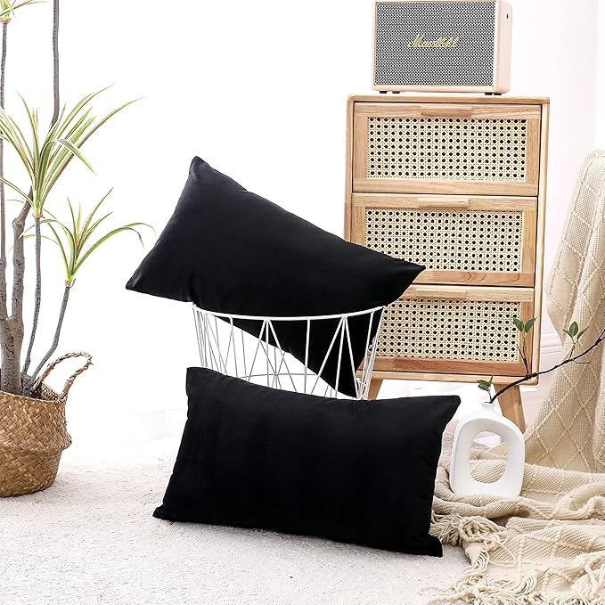 NiNi ALL Decorative Throw Pillow Covers Pack of 2 Velvet Throw Pillow Cases for Couch Sofa Bed Car Office Pillows Cover Bedroom Living Room Outdoor Black Pillow Covers 12x20 Inch