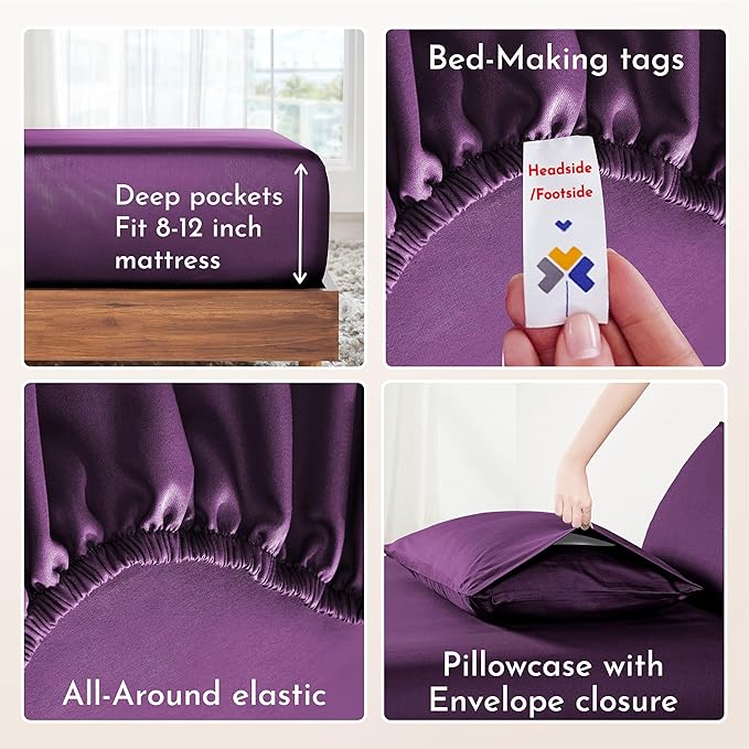 California Design Den Deep Pocket Sheets Twin XL Size Set - Natural 100% Cotton Sheets, Soft Sateen, All Around Elastic, Breathable and Durable Bedding for Dorm Room - Purple Passion