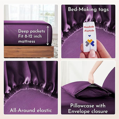 California Design Den Deep Pocket Sheets Twin XL Size Set - Natural 100% Cotton Sheets, Soft Sateen, All Around Elastic, Breathable and Durable Bedding for Dorm Room - Purple Passion
