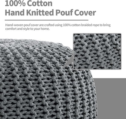 HOMBYS Unstuffed Ottoman Pouf Cover, 100% Cotton Handmade Knitted Ottoman Pouf Cover Round Foot Stool, Floor Bean Bag Chair, Foot Rest Storage for Living Room Bedroom, Light Grey(Cover ONLY NO Filler)
