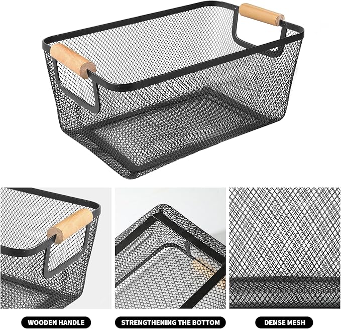 2Pack Metal Mesh Steel Basket with Bamboo Handle - Wire Metal Basket for Kitchen Organization, 12" Wide Food Organizer Bin, Perfect for Organizing Bulk Pantry (BLACK)