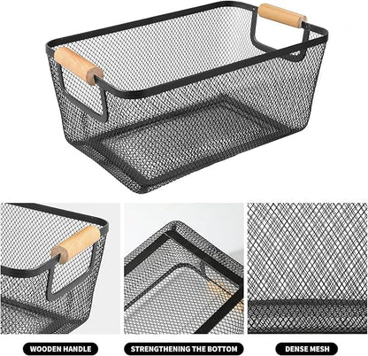 2Pack Metal Mesh Steel Basket with Bamboo Handle - Wire Metal Basket for Kitchen Organization, 12" Wide Food Organizer Bin, Perfect for Organizing Bulk Pantry (BLACK)