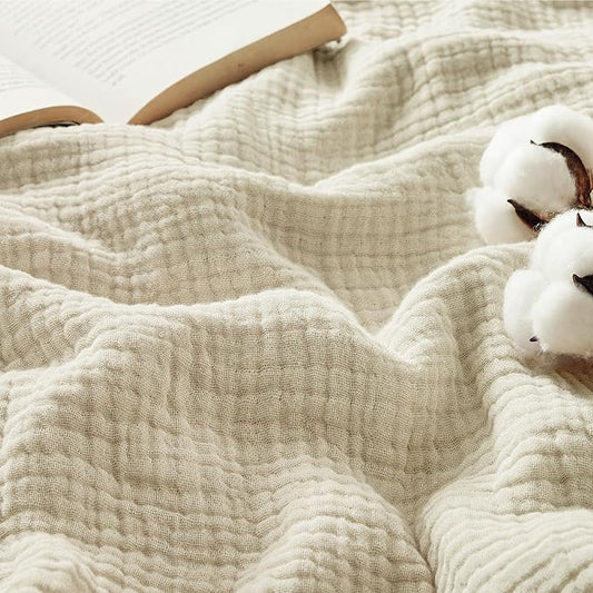 Bedsure 100% Cotton Muslin Throw Blanket Twin XL for Bed - 4-Layer Breathable and Lightweight Thin Soft Summer Gauze Muslin Blankets for Adults, Linen Beige, 66x90 Inches