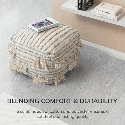 Anji Mountain 100% Handmade & Handcrafted Comfortable Home Décor Pouf Ottoman Footrest for Living Room, Bedroom, Nursery, Kidsroom, Patio Furniture - (22" x 22" x 16"- Gray,Beige)