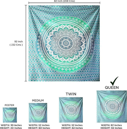 raajsee Large Green Ombre Mandala Tapestry Wall Hanging,Indian Cotton Beach Throw Blanket Hippie Queen Boho Décor,Meditation Yoga Mat Rugs,82x92 Inches