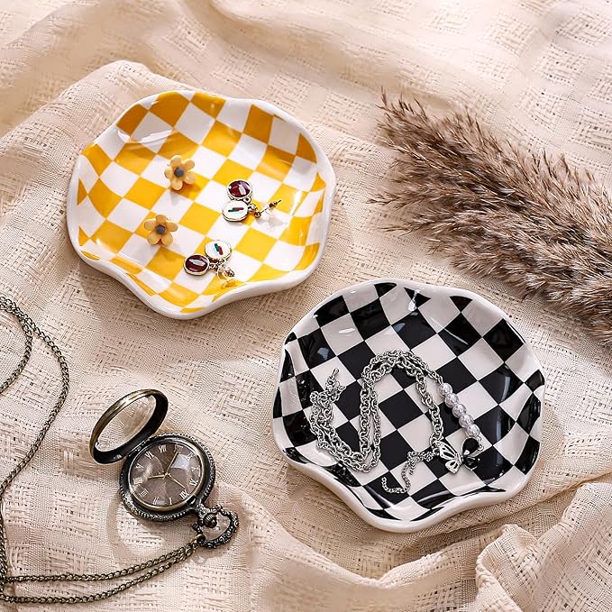 Koythin Ceramic Jewelry Tray, Checkered Pattern Aesthetic Decorative Trinket Dish for Rings, Earrings Necklaces Bracelet Watch Holder, Small Key Bowl, Birthday Mother's Day for Women (Black)
