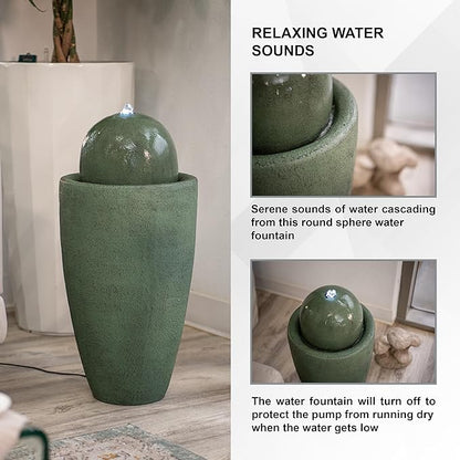 XBrand 26" Modern Sphere Water Fountain with LED Light – Indoor Outdoor Stone Texture Floor Fountain, Zen Bubbling Ball Water Feature for Garden Patio Porch - Green