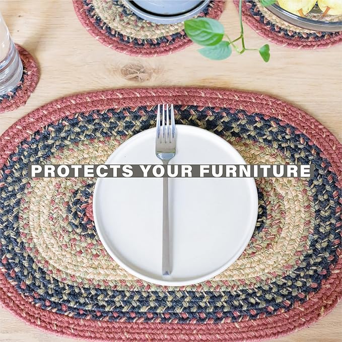 Homespice Highland Jute Braided Placemats, Warm Country and Lodge Decor, Set of 4, Multicolor 13x19 Oval Table Mats - Vibrant Colors, Durable, Easy to Clean and Protects Furniture