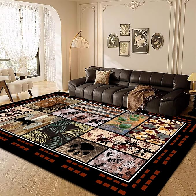 Rustic Cabin Rug 6x8 with Nature Animals & Moroccan Lattice, Vintage Boho Low Pile Carpet, Stain-Resistant Pet-Friendly & Non-Slip for Living Room, Bedroom, Dining Room