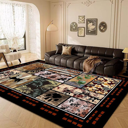 Rustic Cabin Rug 5x7 with Nature Animals & Moroccan Lattice, Vintage Boho Low Pile Carpet, Stain-Resistant Pet-Friendly & Non-Slip for Living Room, Bedroom, Dining Room
