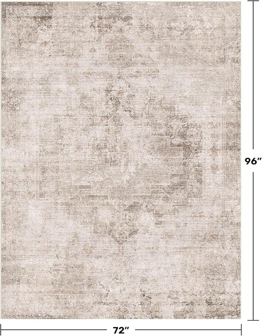 Neutral Farmhouse Area Rug for Bedroom - 6x8 Washable Rug for Dining Room Table, Ultra-Thin Soft Textured Boho Indoor Decor, Fade & Stain Resistant