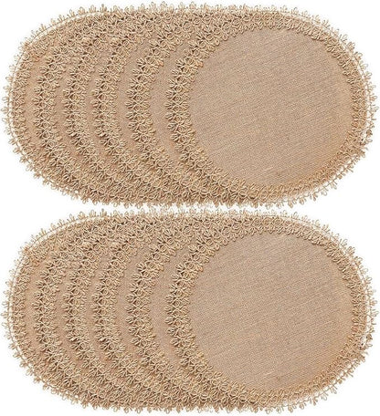 FunWheat Burlap Round Braided Placemats Set of 12 for Dining Tables 15 Inch Heat Resistant Jute Table Mats Farmhouse Woven Fabric Natural Place mats (Brown Jute Lace)