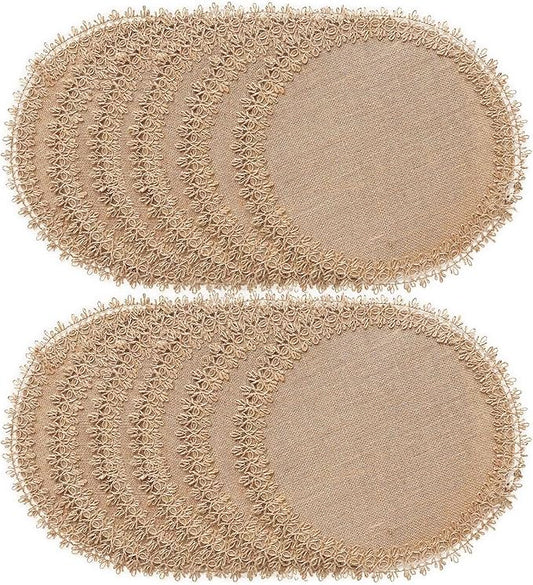 FunWheat Burlap Round Braided Placemats Set of 12 for Dining Tables 15 Inch Heat Resistant Jute Table Mats Farmhouse Woven Fabric Natural Place mats (Brown Jute Lace)