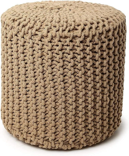 REDEARTH · Cylindrical Hand Knitted Pouf - Foot Stool Ottoman - Cord Boho Pouffe - Cotton Round Poof for Home Decor - Living Room - Nursery - Bedroom - Patio (16" x 16" x 16") - Beige, Set of 2
