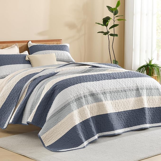 Litanika Quilt Queen Size Blue and Yellow, Stripe Patchwork Summer Bedspread Coverlet 3 Pieces, Soft Lightweight Microfiber Quilted Bedding Set for All Season(1 Quilt, 2 Pillowcases)